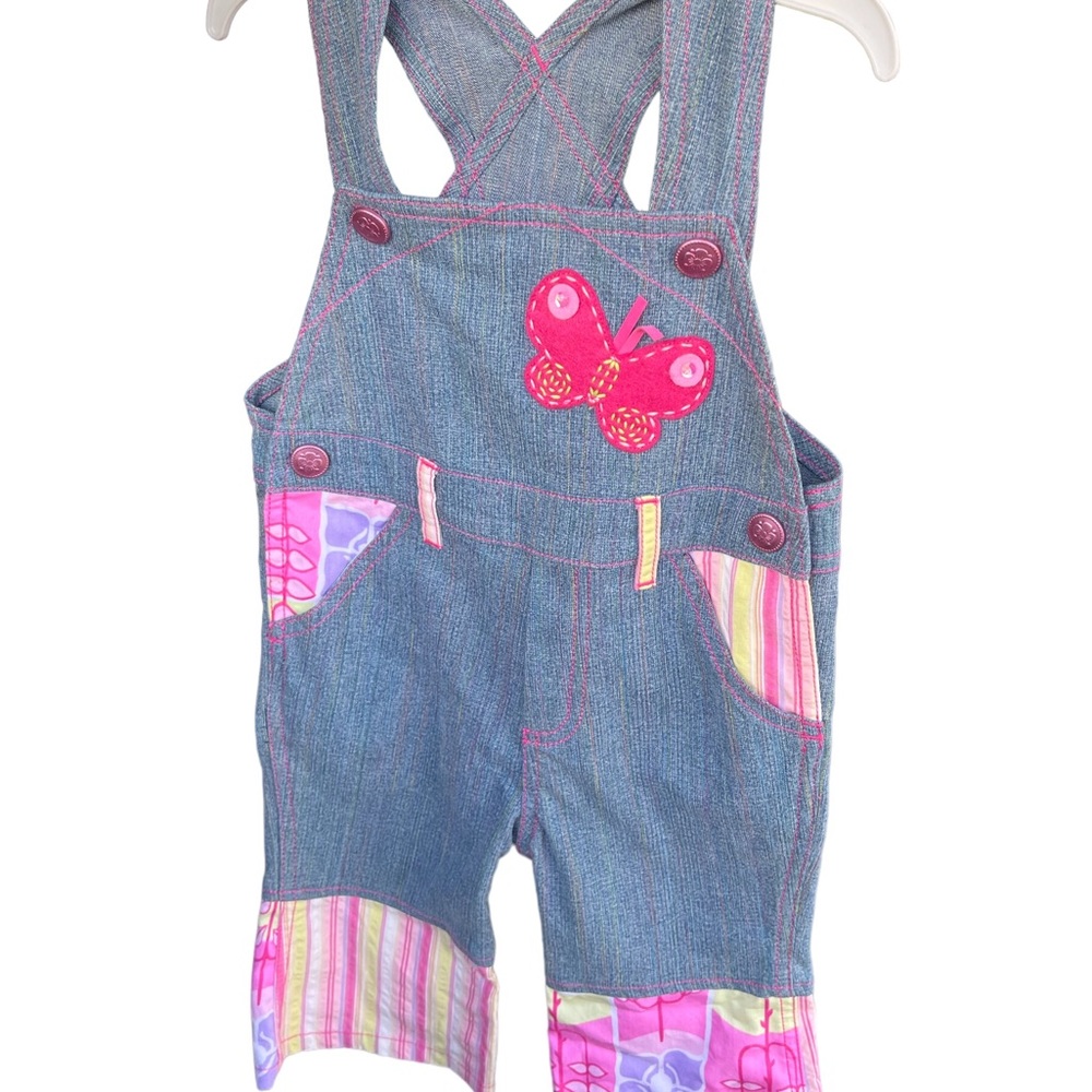 VINTAGE BABY LULU DENIM OVERALLS GIRLS 9M ROSE BUTTERFLY NWOT